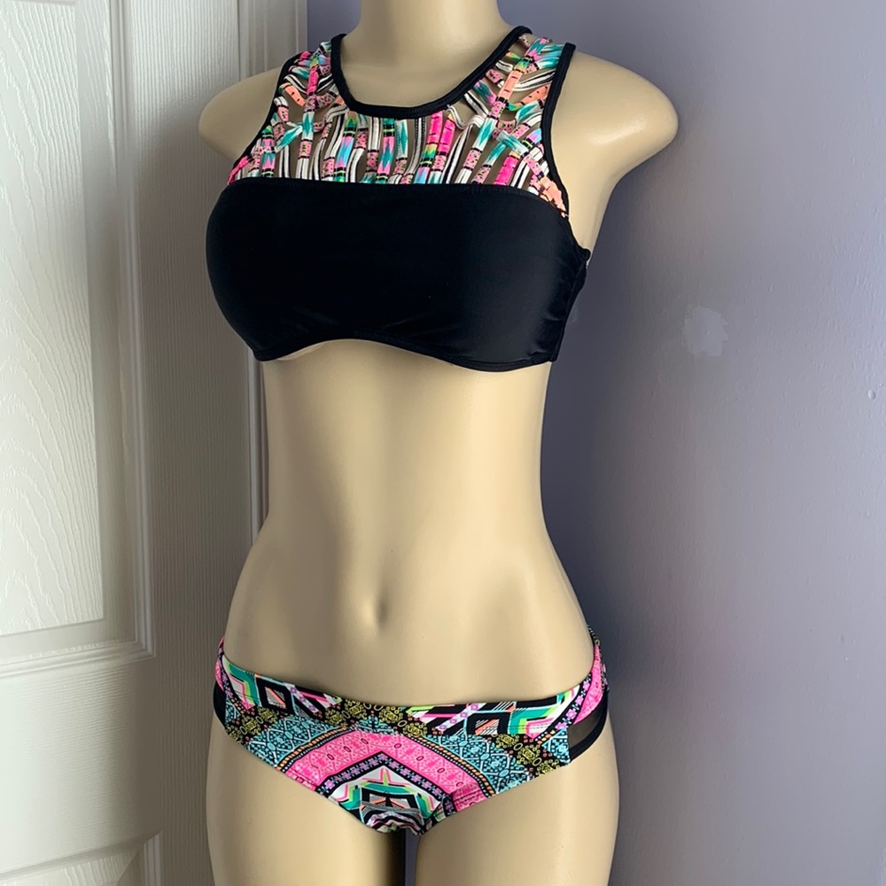 Hobie Bikini Strappy Swimsuit Swimwear Set M Black